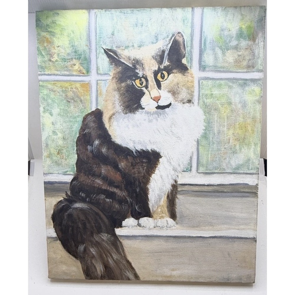 Original Handmade Painting Calico Cat Portrait Canvas Whimsical 20x16